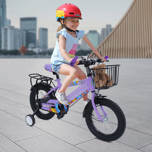 14 Zoll Kinderfahrrad mit verstellbarem Sitz, Stützrädern, Korb & Rücksitz, bis 50 kg belastbar, für Kinder 3–5 Jahre