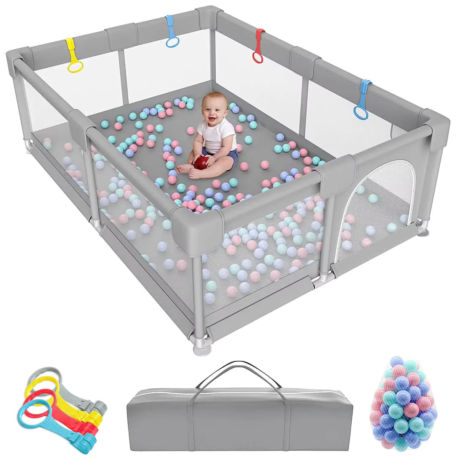 Baby Playpen – Light Gray Corralito Playground with Pull Rings | Child Safety Fence & Ball Pit
