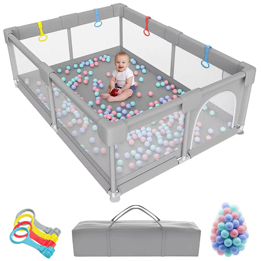 Baby Playpen – Light Gray Corralito Playground with Pull Rings | Child Safety Fence & Ball Pit