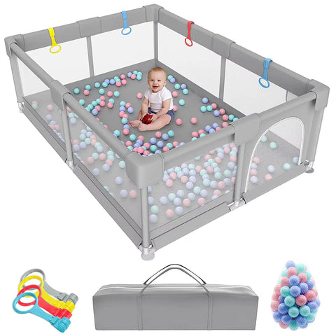 Baby Playpen – Light Gray Corralito Playground with Pull Rings | Child Safety Fence & Ball Pit