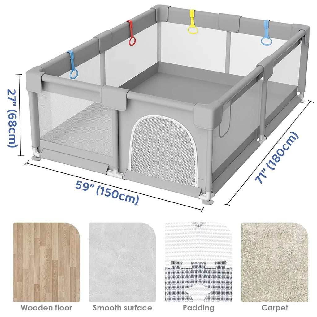 Baby Playpen – Light Gray Corralito Playground with Pull Rings | Child Safety Fence & Ball Pit