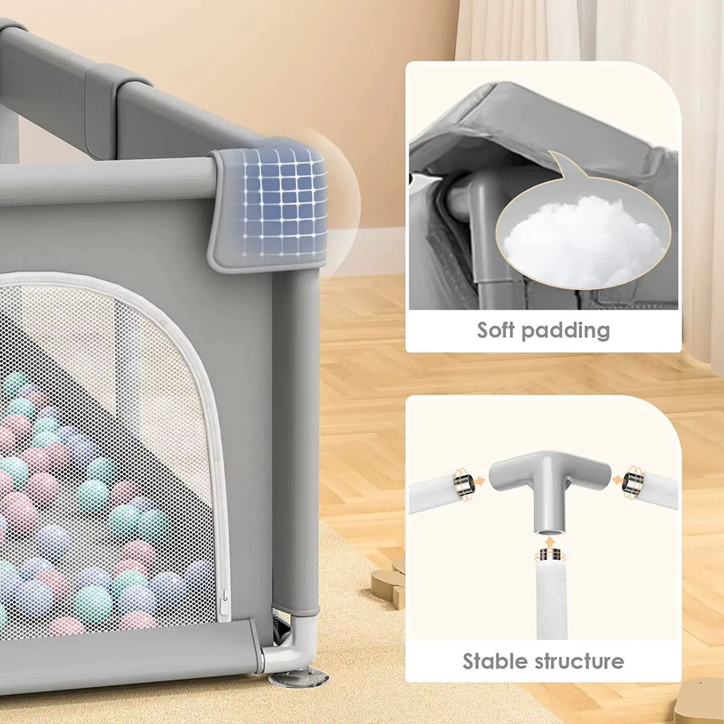 Baby Playpen – Light Gray Corralito Playground with Pull Rings | Child Safety Fence & Ball Pit