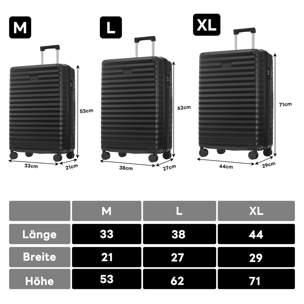 3-teiliges Kofferset M/L/XL – Hartschalen-Trolley mit TSA-Schloss, 4 Rollen, ABS Reisegepäck, Handgepäck & Reisekoffer