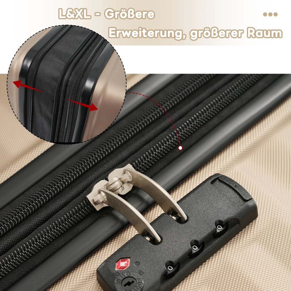 3-teiliges Kofferset M/L/XL – Hartschalen-Trolley mit TSA-Schloss, 4 Rollen, ABS Reisegepäck, Handgepäck & Reisekoffer