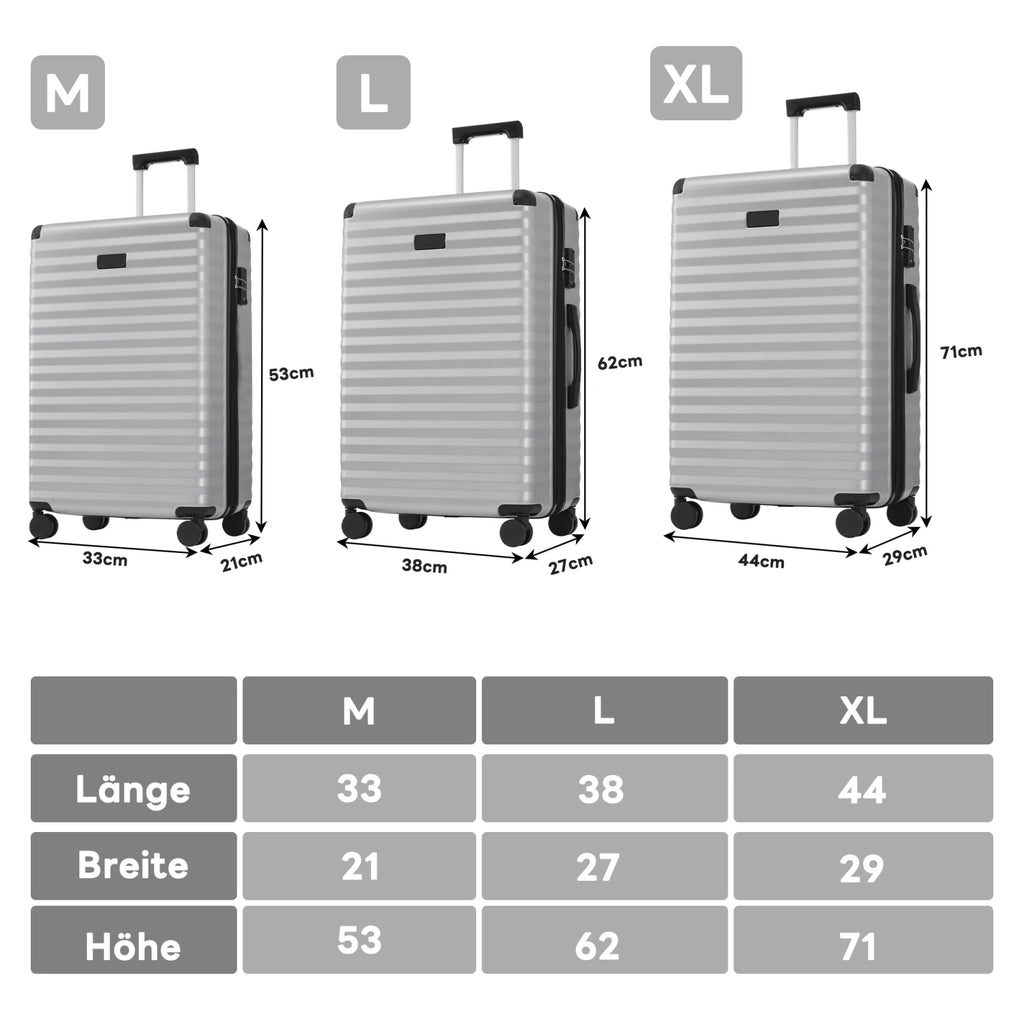 3-teiliges Kofferset M/L/XL – Hartschalen-Trolley mit TSA-Schloss, 4 Rollen, ABS Reisegepäck, Handgepäck & Reisekoffer