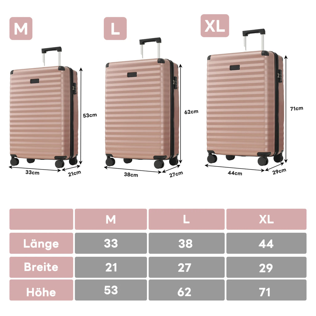 3-teiliges Kofferset M/L/XL – Hartschalen-Trolley mit TSA-Schloss, 4 Rollen, ABS Reisegepäck, Handgepäck & Reisekoffer