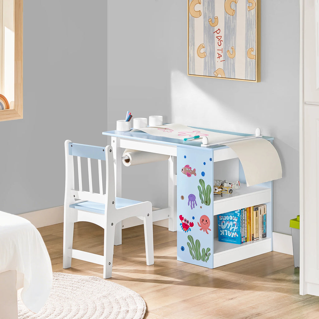 2-teiliges Kindertisch- und Stuhlset mit Aufklebern – DIY-Kinderschreibtisch mit 3 Stiftehaltern