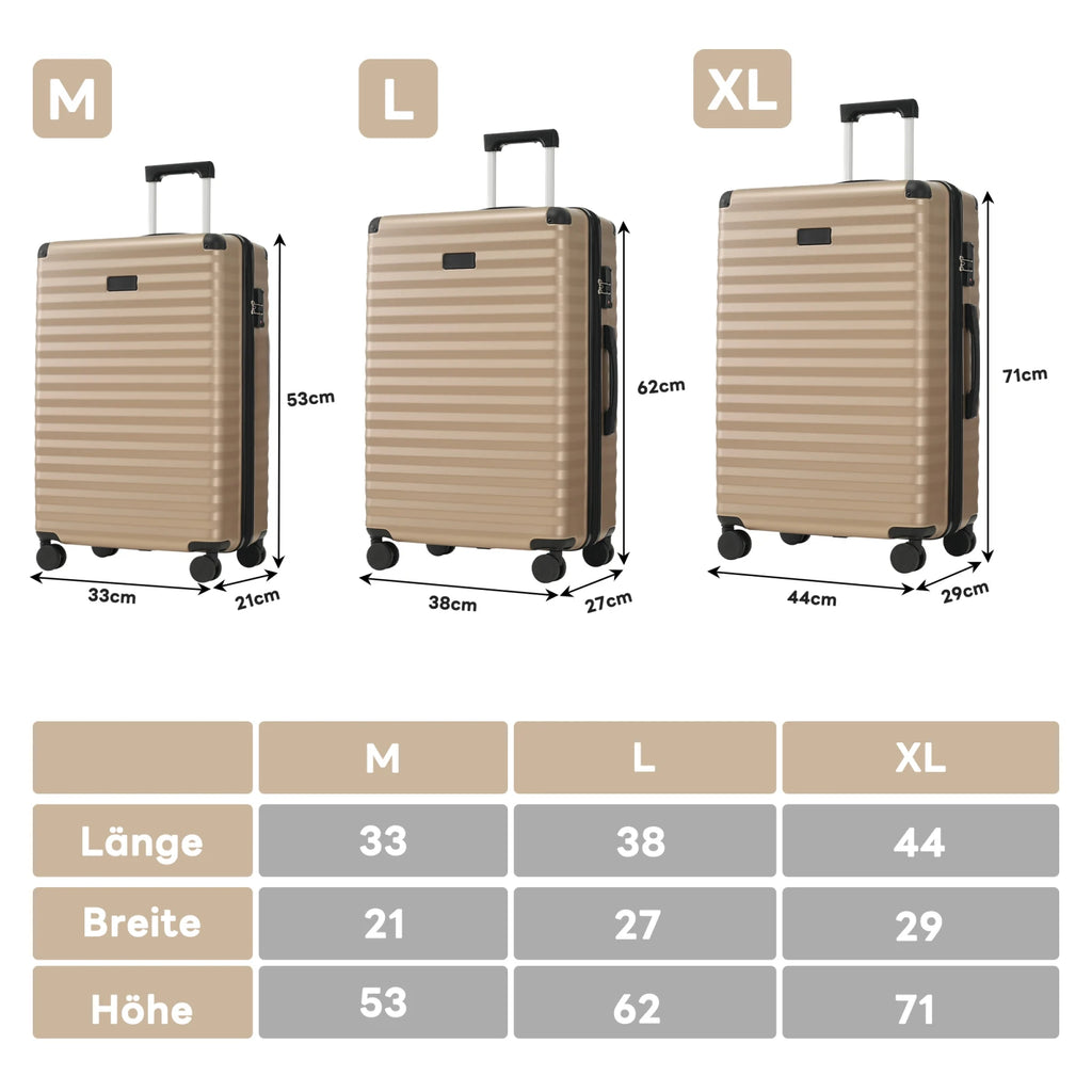 3-teiliges Kofferset M/L/XL – Hartschalen-Trolley mit TSA-Schloss, 4 Rollen, ABS Reisegepäck, Handgepäck & Reisekoffer