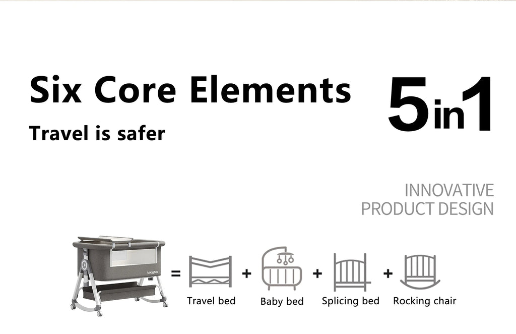 5-in-1 Babybett – Tragbares, faltbares Babybett mit verstellbarer Höhe, geräuschlosen Rollen, Wiegefunktion und Moskitonetz für Neugeborene.