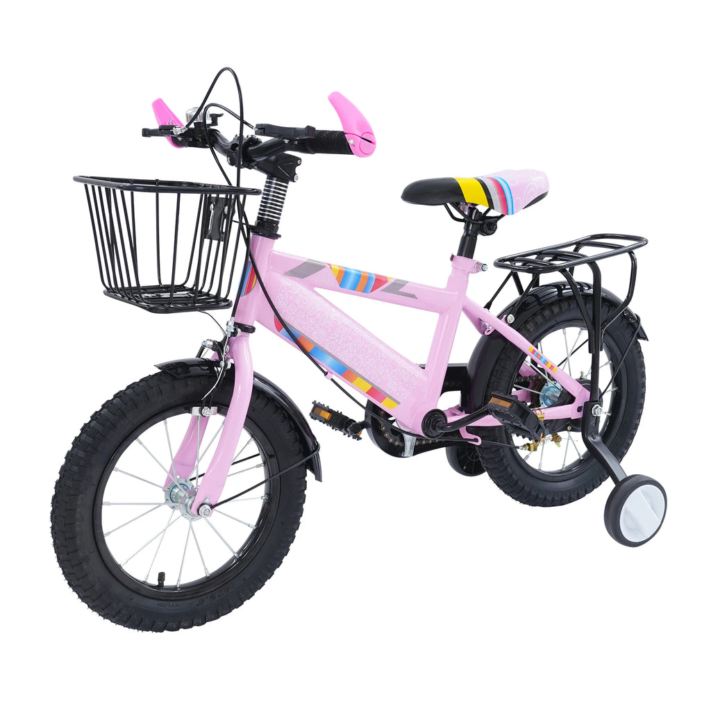 14 Zoll Kinderfahrrad mit verstellbarem Sitz, Stützrädern, Korb & Rücksitz, bis 50 kg belastbar, für Kinder 3–5 Jahre