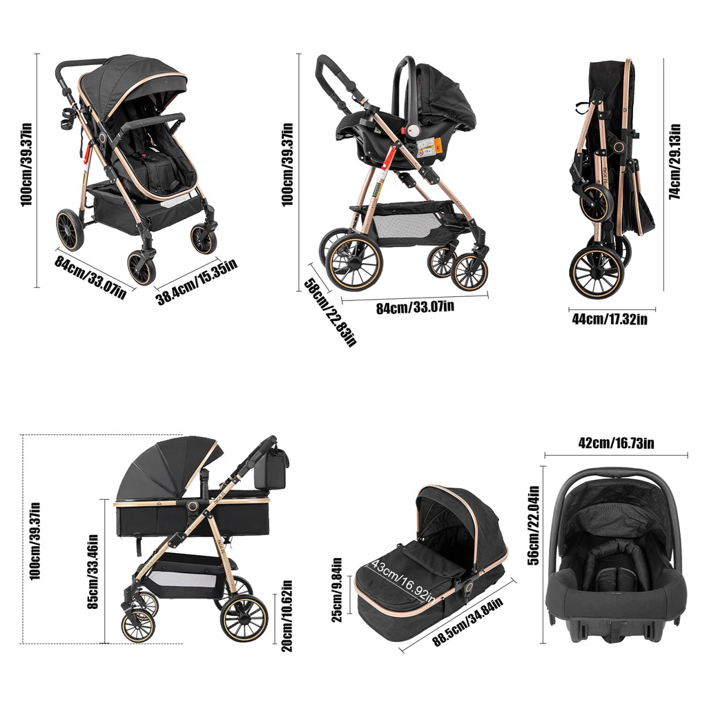 3-in-1 Kinderwagen, Sportwagen mit verstellbarem Schiebebügel, umkehrbarem Sitz und leichtem, faltbarem Rahmen