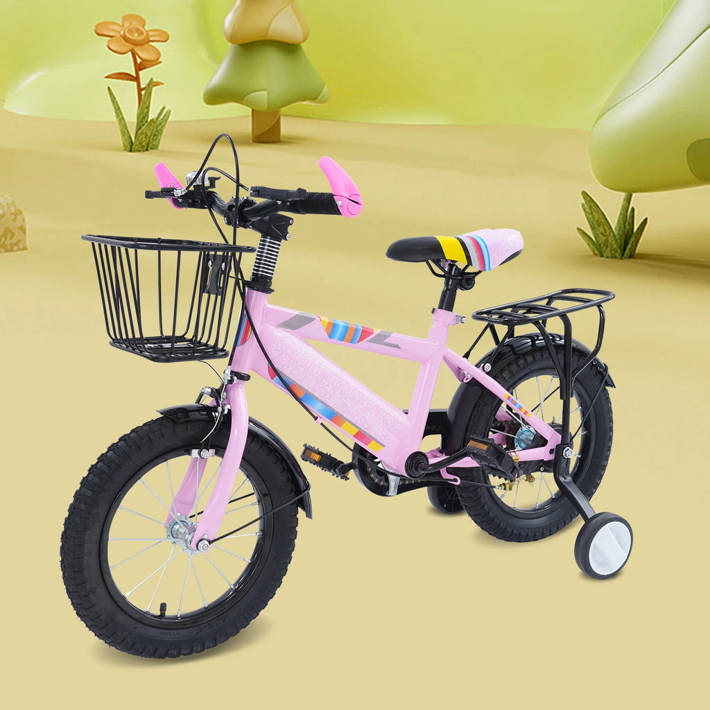 14 Zoll Kinderfahrrad mit verstellbarem Sitz, Stützrädern, Korb & Rücksitz, bis 50 kg belastbar, für Kinder 3–5 Jahre
