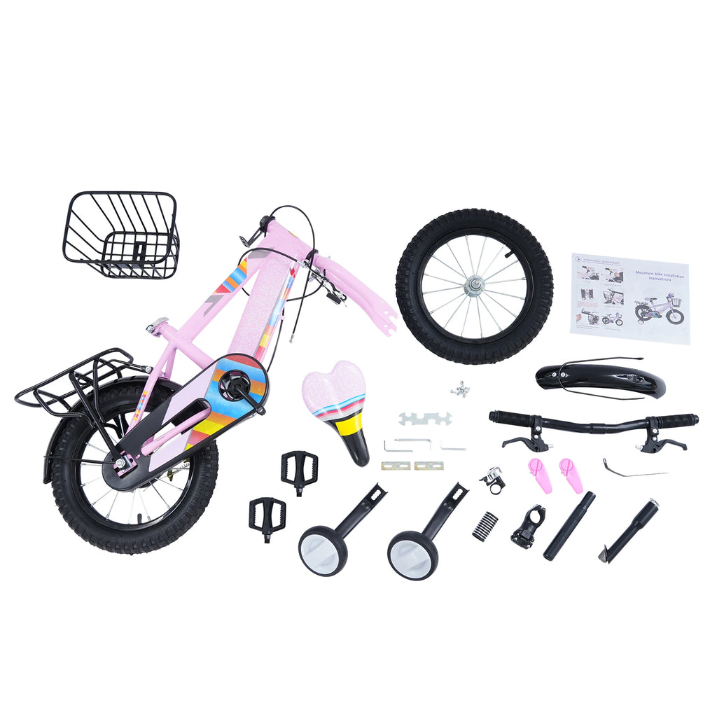 14 Zoll Kinderfahrrad mit verstellbarem Sitz, Stützrädern, Korb & Rücksitz, bis 50 kg belastbar, für Kinder 3–5 Jahre