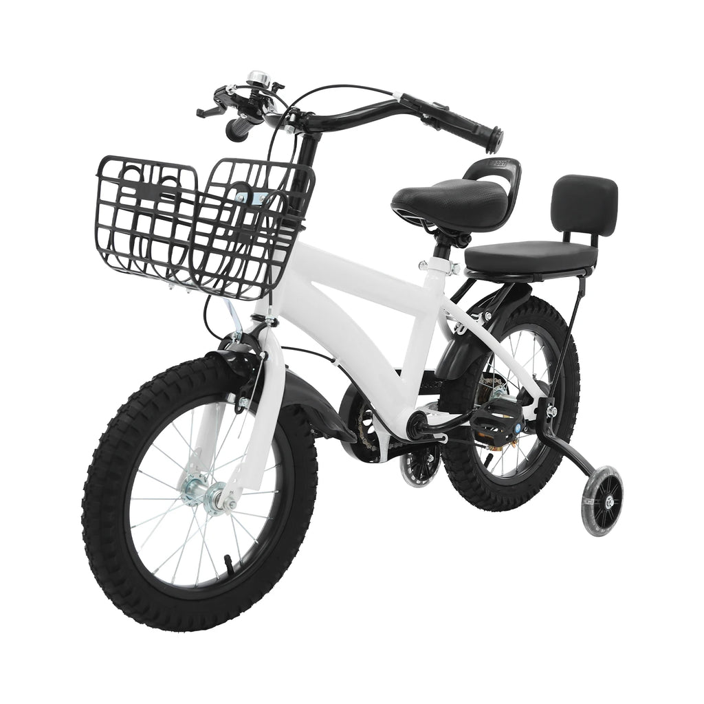 14 Zoll Kinderfahrrad – Verstellbares Fahrrad mit Stützrädern, Korb & Rücksitz, für Kinder 3–5 Jahre