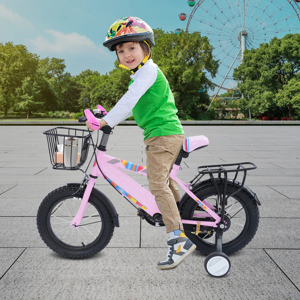 14 Zoll Kinderfahrrad mit verstellbarem Sitz, Stützrädern, Korb & Rücksitz, bis 50 kg belastbar, für Kinder 3–5 Jahre