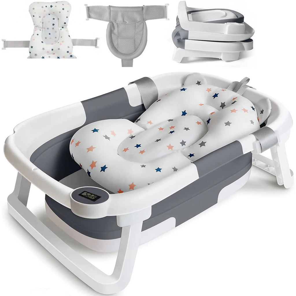 Faltbare Babybadewanne mit Badesitz, Thermometer, Duschkappe & Bürste – Für Neugeborene & Kleinkinder (0–36 Monate)