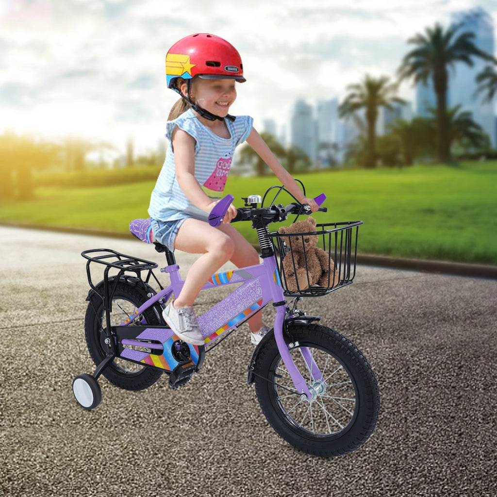 14 Zoll Kinderfahrrad mit verstellbarem Sitz, Stützrädern, Korb & Rücksitz, bis 50 kg belastbar, für Kinder 3–5 Jahre
