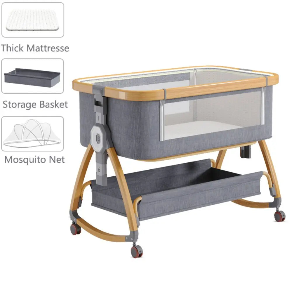 5-in-1 Babybett – Tragbares, faltbares Babybett mit verstellbarer Höhe, geräuschlosen Rollen, Wiegefunktion und Moskitonetz für Neugeborene.