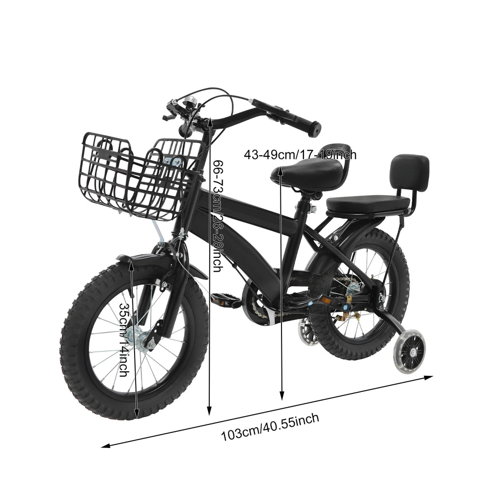 14 Zoll Kinderfahrrad – Verstellbares Fahrrad mit Stützrädern, Korb & Rücksitz, für Kinder 3–5 Jahre