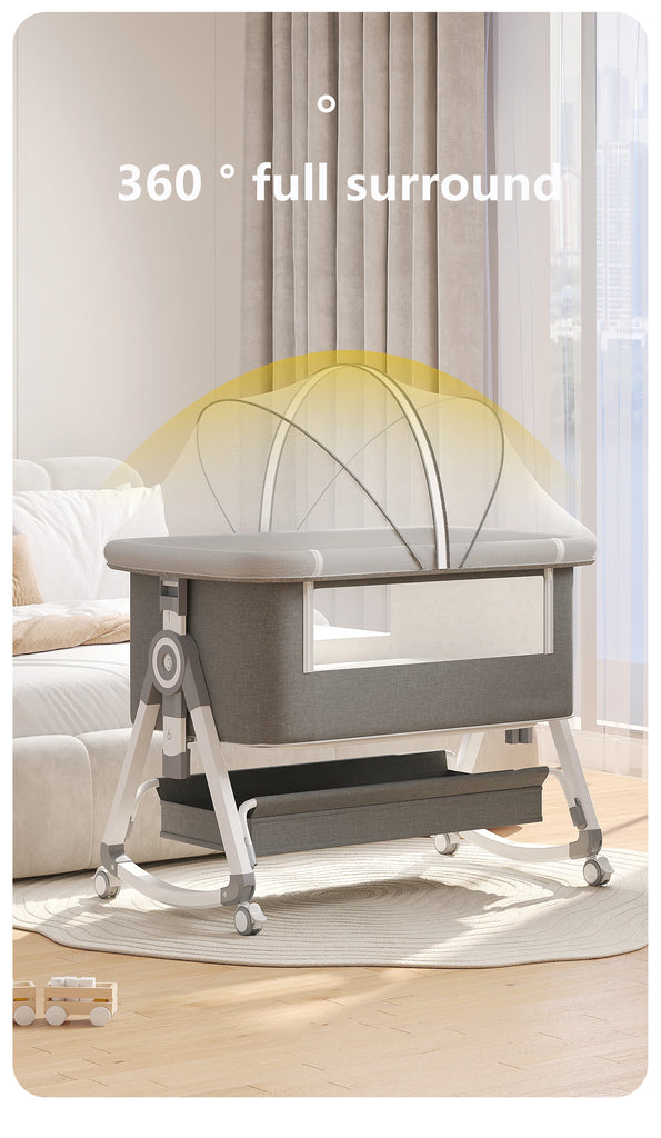 5-in-1 Babybett – Tragbares, faltbares Babybett mit verstellbarer Höhe, geräuschlosen Rollen, Wiegefunktion und Moskitonetz für Neugeborene.