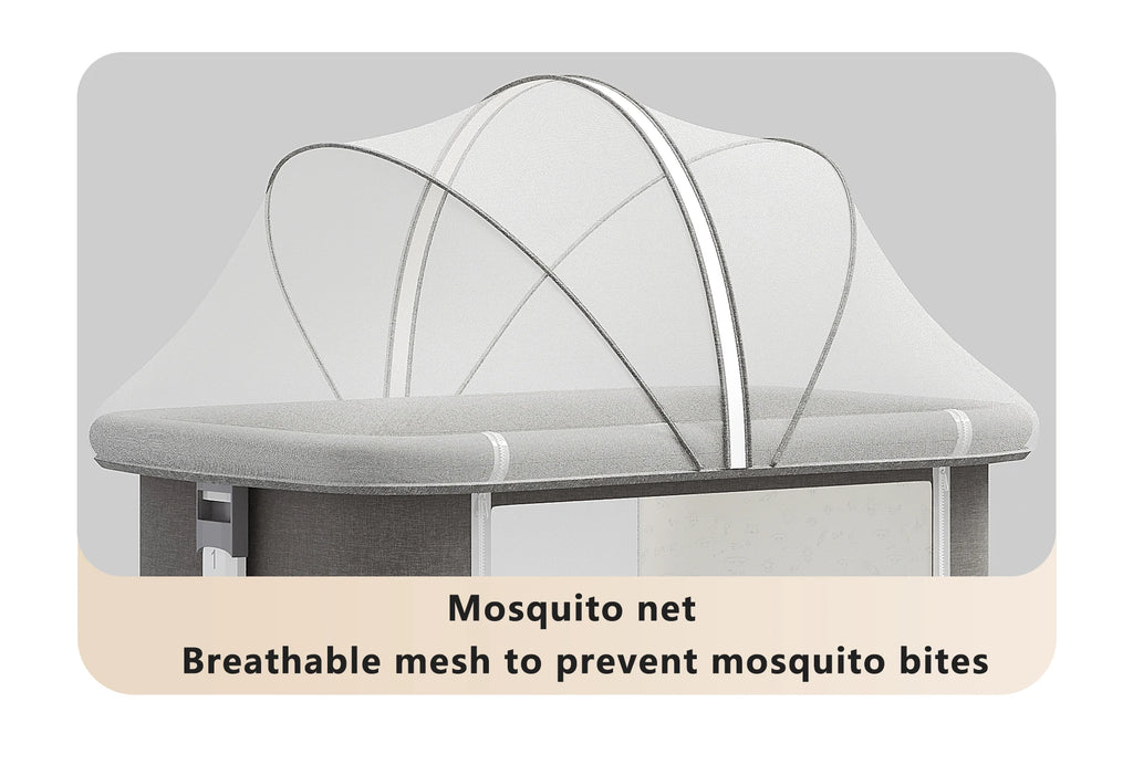 5-in-1 Babybett – Tragbares, faltbares Babybett mit verstellbarer Höhe, geräuschlosen Rollen, Wiegefunktion und Moskitonetz für Neugeborene.