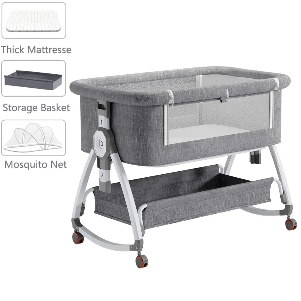 5-in-1 Babybett – Tragbares, faltbares Babybett mit verstellbarer Höhe, geräuschlosen Rollen, Wiegefunktion und Moskitonetz für Neugeborene.