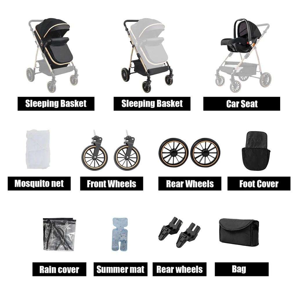 3-in-1 Kinderwagen, Sportwagen mit verstellbarem Schiebebügel, umkehrbarem Sitz und leichtem, faltbarem Rahmen