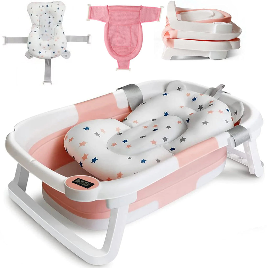 Faltbare Babybadewanne mit Badesitz, Thermometer, Duschkappe & Bürste – Für Neugeborene & Kleinkinder (0–36 Monate)