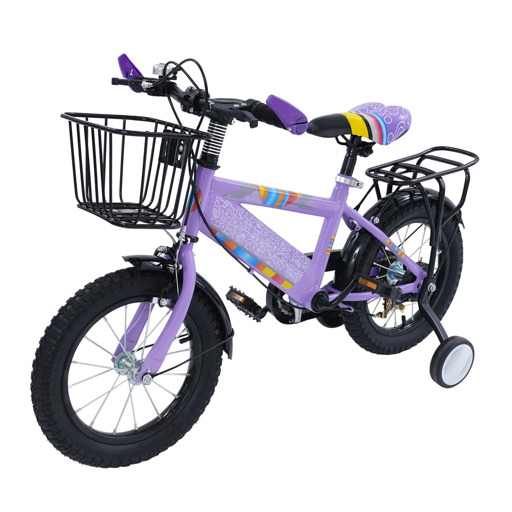 14 Zoll Kinderfahrrad mit verstellbarem Sitz, Stützrädern, Korb & Rücksitz, bis 50 kg belastbar, für Kinder 3–5 Jahre
