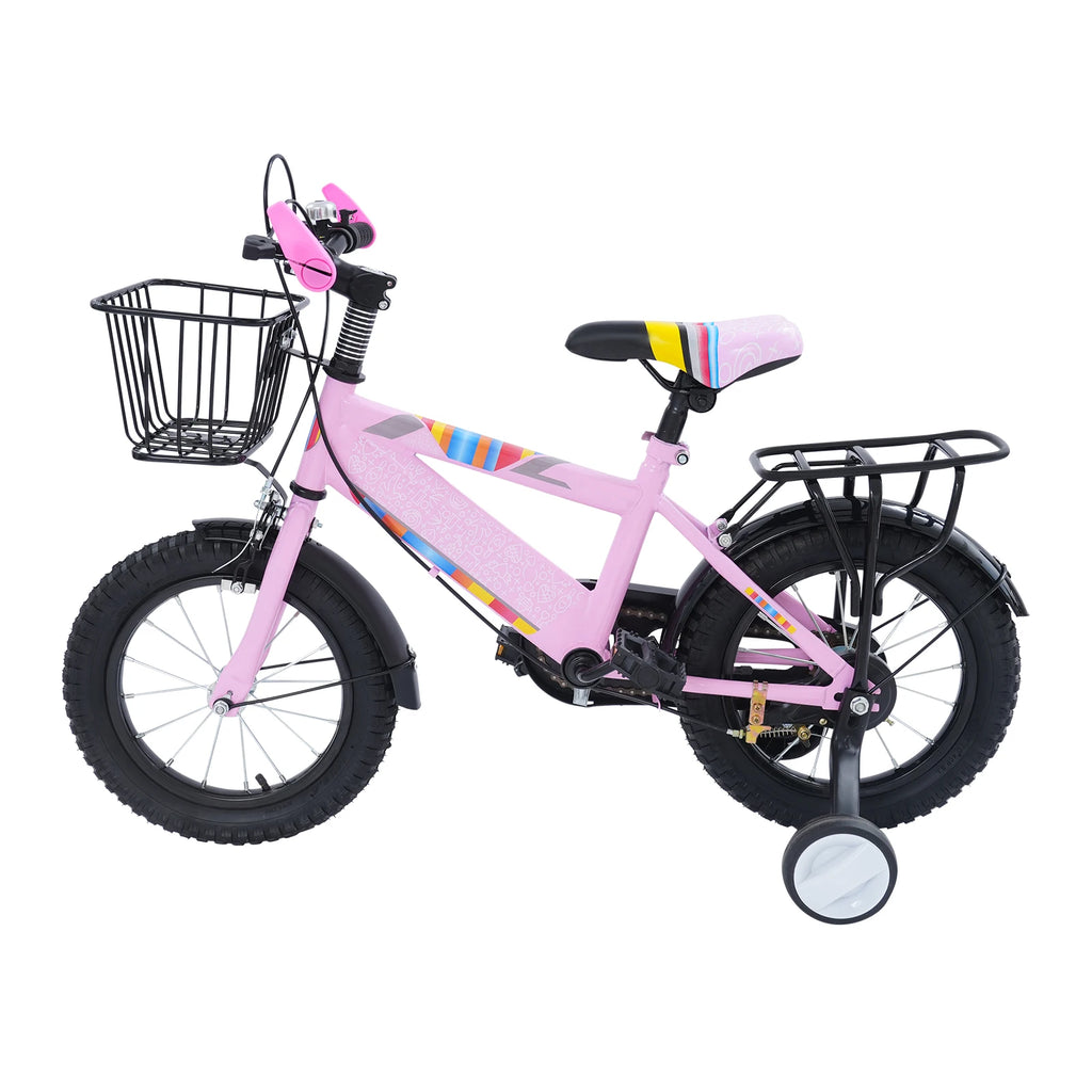 14 Zoll Kinderfahrrad mit verstellbarem Sitz, Stützrädern, Korb & Rücksitz, bis 50 kg belastbar, für Kinder 3–5 Jahre