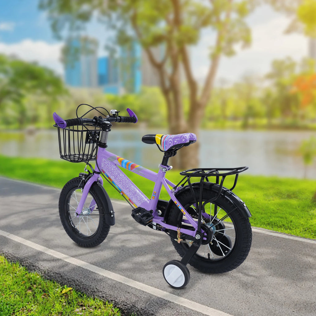 14 Zoll Kinderfahrrad mit verstellbarem Sitz, Stützrädern, Korb & Rücksitz, bis 50 kg belastbar, für Kinder 3–5 Jahre