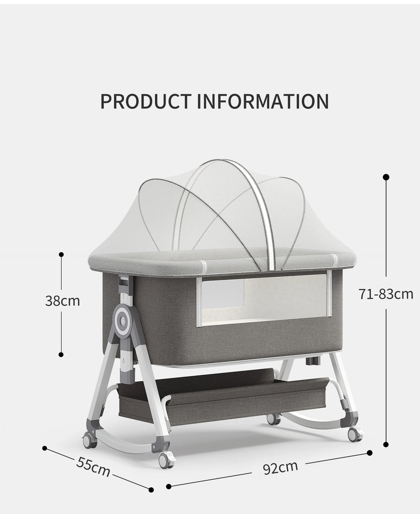5-in-1 Babybett – Tragbares, faltbares Babybett mit verstellbarer Höhe, geräuschlosen Rollen, Wiegefunktion und Moskitonetz für Neugeborene.