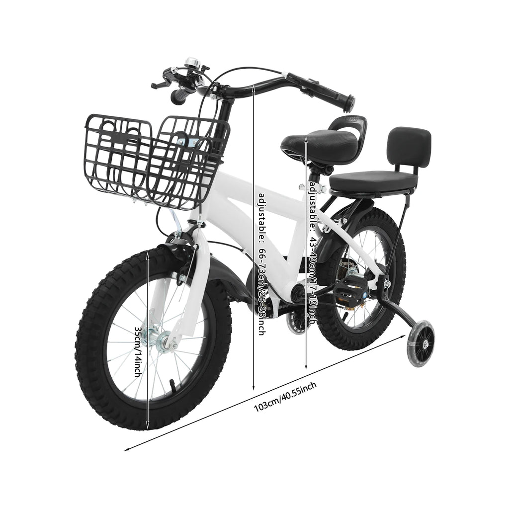 14 Zoll Kinderfahrrad – Verstellbares Fahrrad mit Stützrädern, Korb & Rücksitz, für Kinder 3–5 Jahre