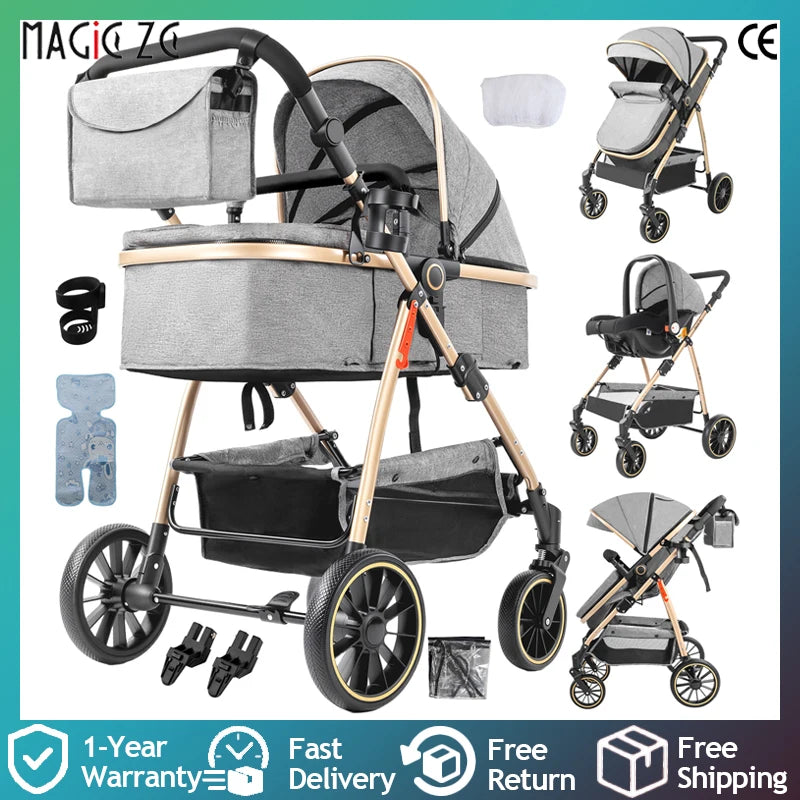3-in-1 Kinderwagen, Sportwagen mit verstellbarem Schiebebügel, umkehrbarem Sitz und leichtem, faltbarem Rahmen