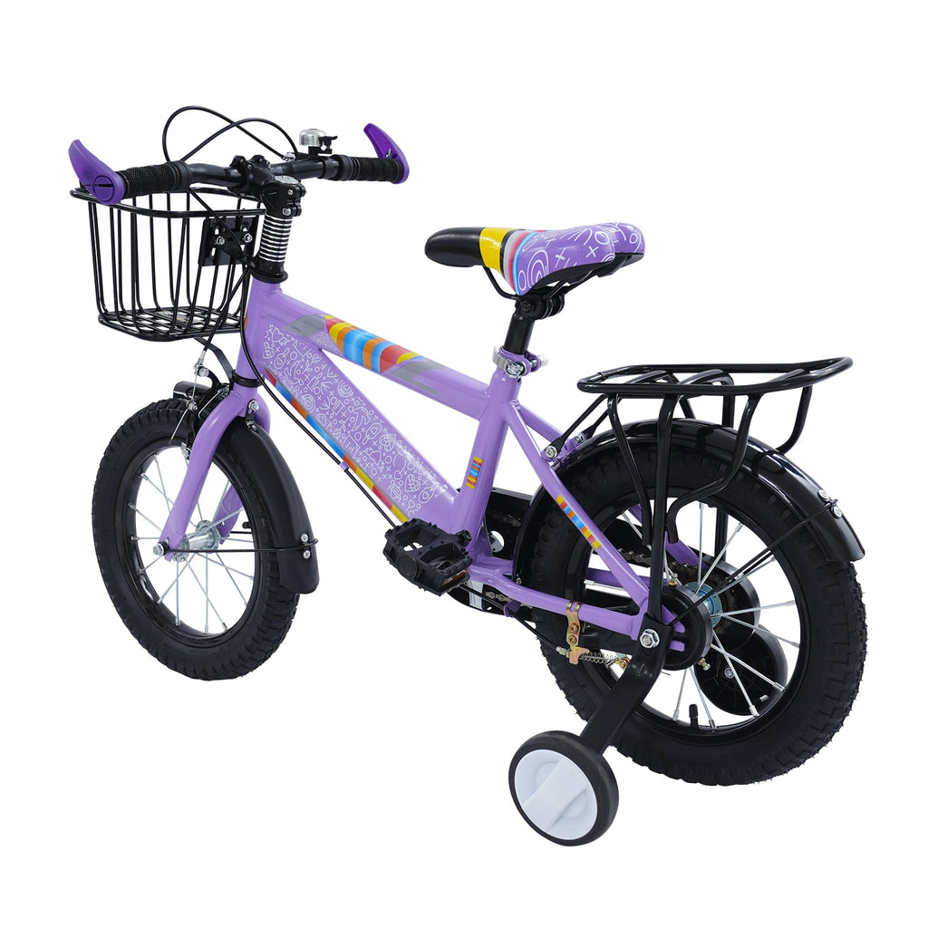14 Zoll Kinderfahrrad mit verstellbarem Sitz, Stützrädern, Korb & Rücksitz, bis 50 kg belastbar, für Kinder 3–5 Jahre