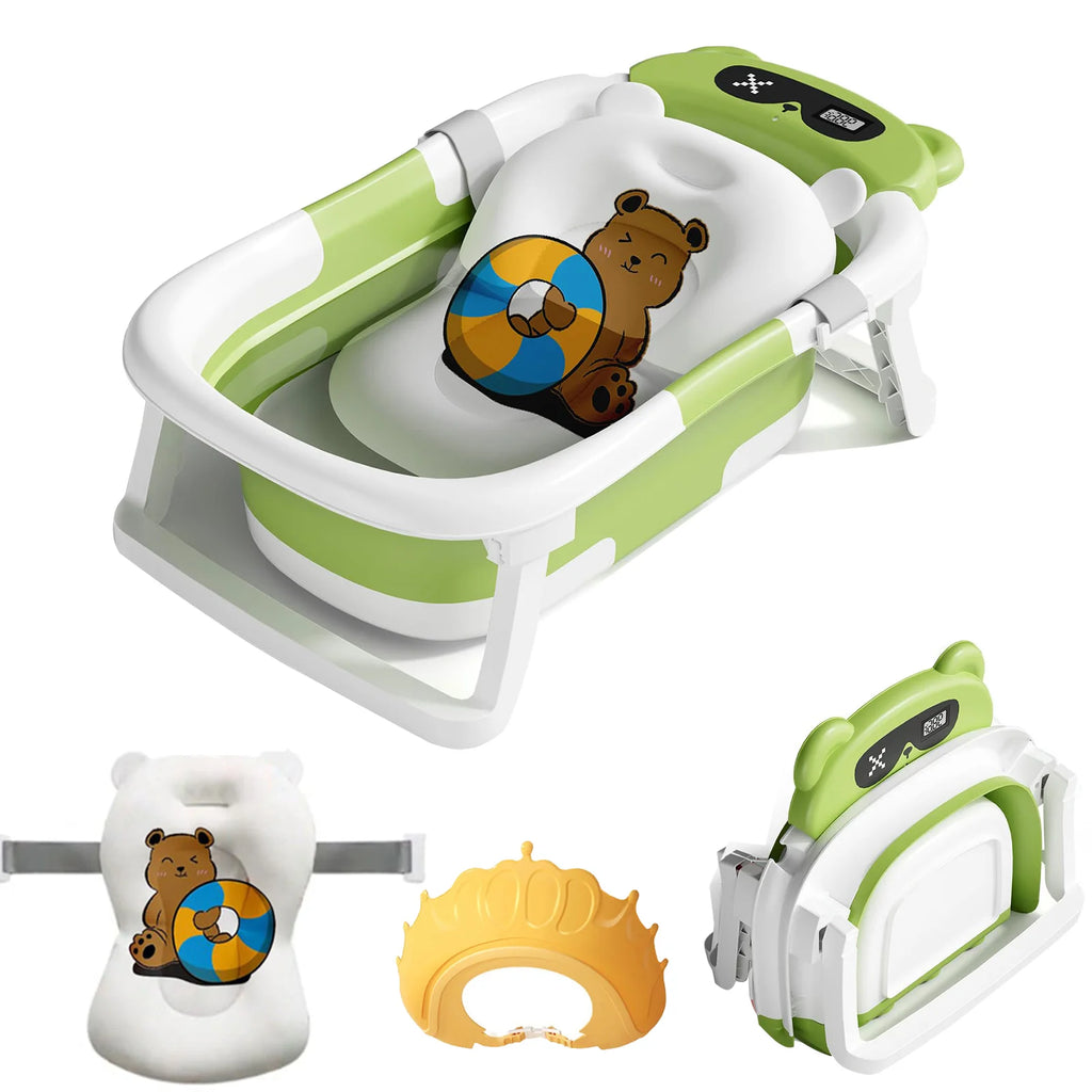 Faltbare Babybadewanne mit Badesitz, Thermometer, Duschkappe & Bürste – Für Neugeborene & Kleinkinder (0–36 Monate)