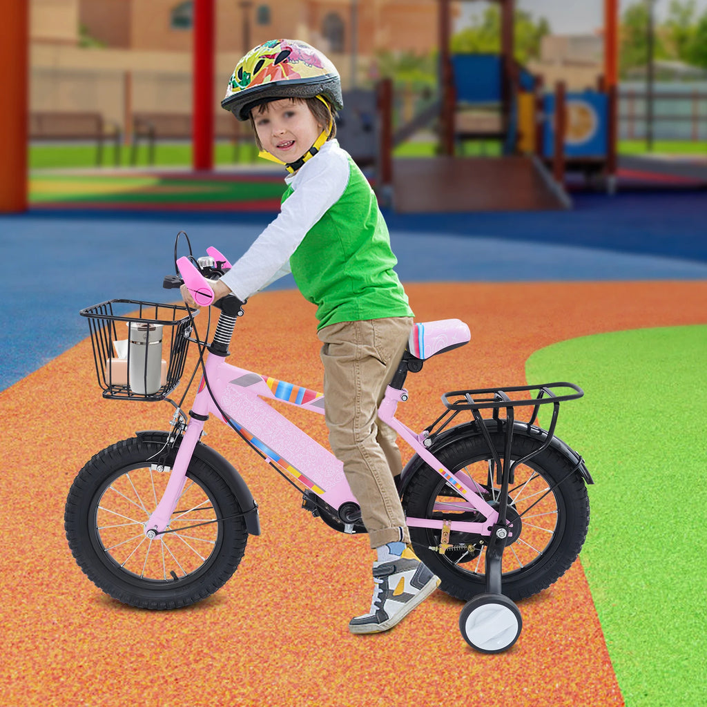 14 Zoll Kinderfahrrad mit verstellbarem Sitz, Stützrädern, Korb & Rücksitz, bis 50 kg belastbar, für Kinder 3–5 Jahre