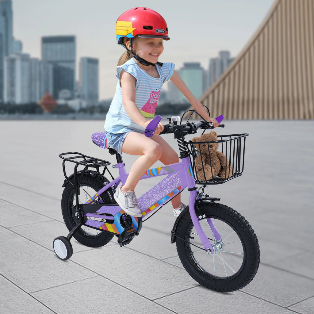 14 Zoll Kinderfahrrad mit verstellbarem Sitz, Stützrädern, Korb & Rücksitz, bis 50 kg belastbar, für Kinder 3–5 Jahre