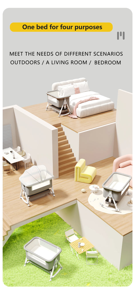 5-in-1 Babybett – Tragbares, faltbares Babybett mit verstellbarer Höhe, geräuschlosen Rollen, Wiegefunktion und Moskitonetz für Neugeborene.
