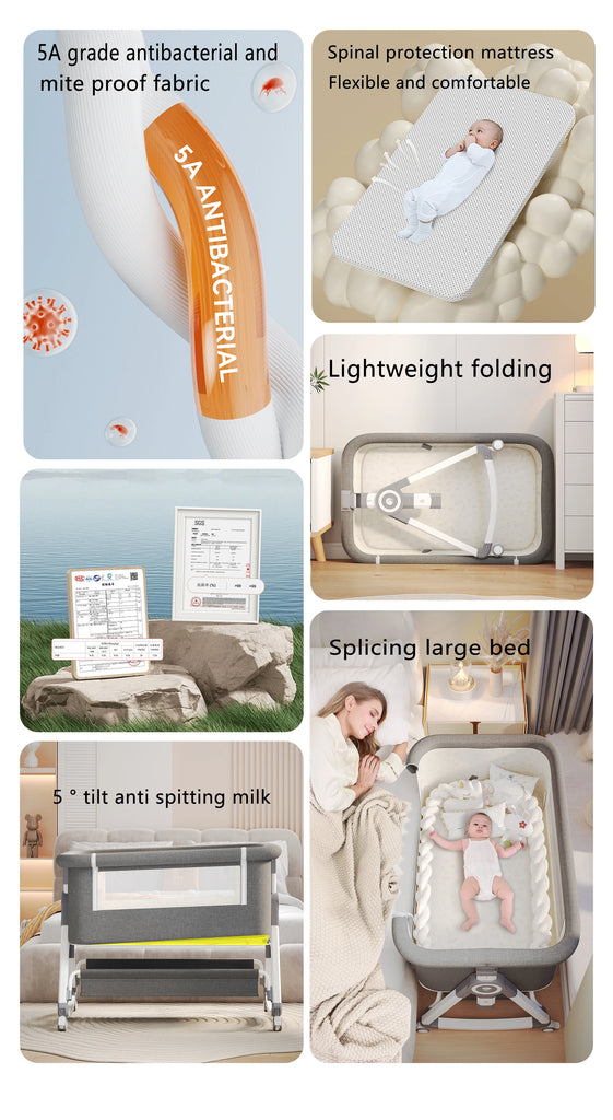 5-in-1 Babybett – Tragbares, faltbares Babybett mit verstellbarer Höhe, geräuschlosen Rollen, Wiegefunktion und Moskitonetz für Neugeborene.