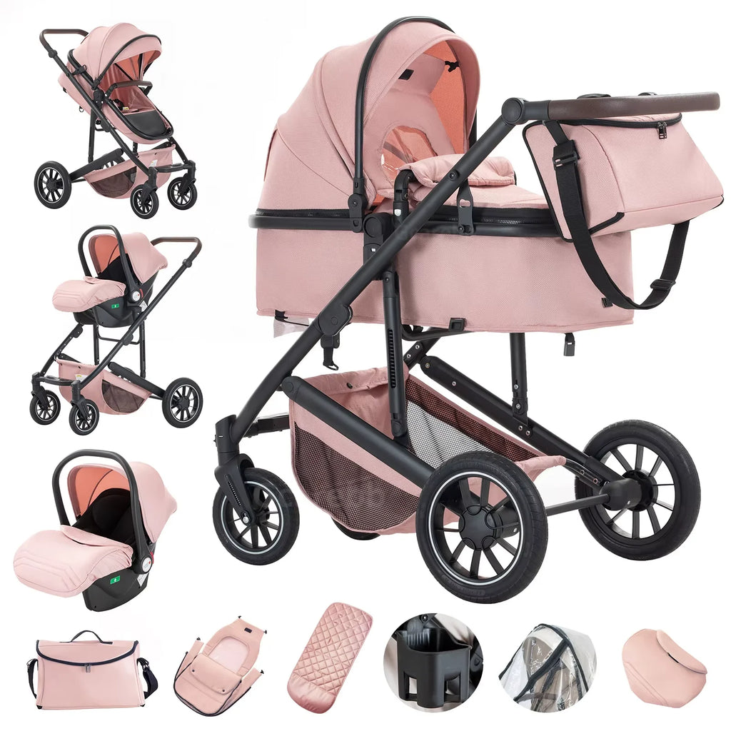 3-in-1 Kinderwagen –  mit Hochlandschafts-Design, Aluminiumrahmen und Faltfunktion für Neugeborene