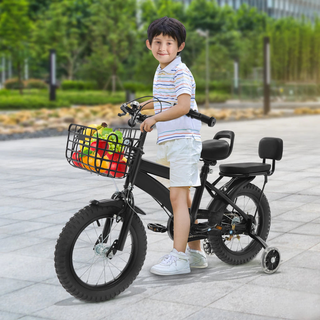 14 Zoll Kinderfahrrad – Verstellbares Fahrrad mit Stützrädern, Korb & Rücksitz, für Kinder 3–5 Jahre