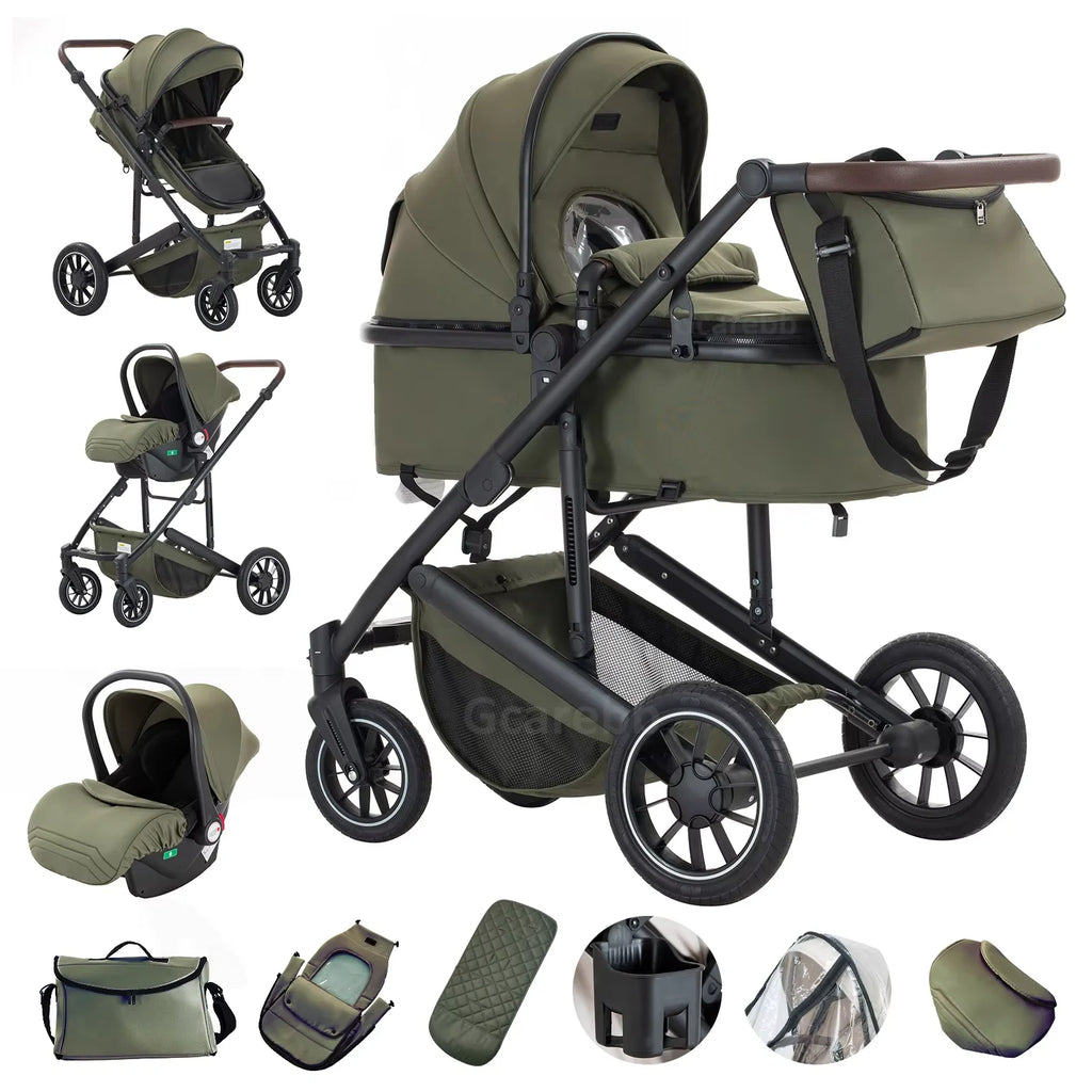 3-in-1 Kinderwagen –  mit Hochlandschafts-Design, Aluminiumrahmen und Faltfunktion für Neugeborene