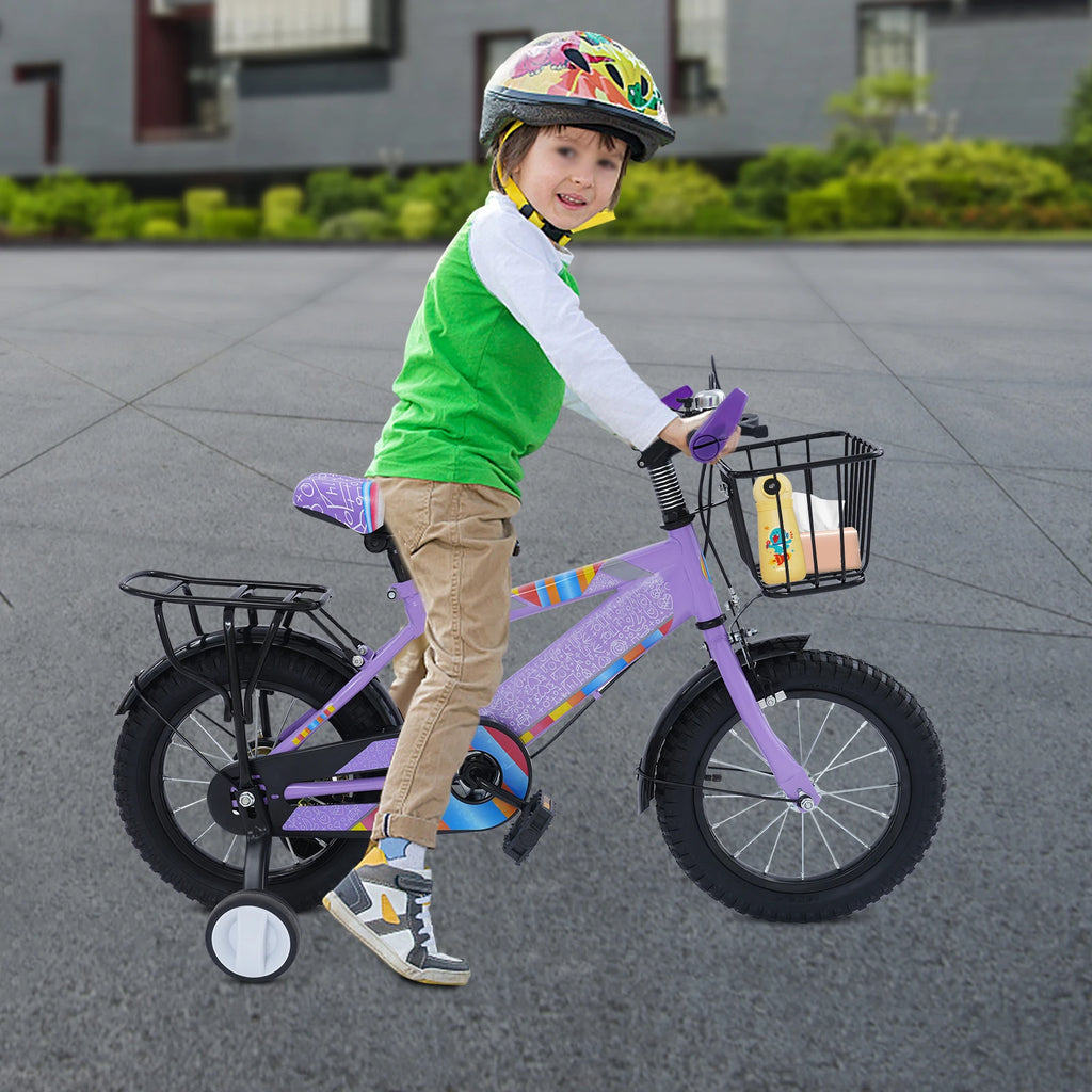 14 Zoll Kinderfahrrad mit verstellbarem Sitz, Stützrädern, Korb & Rücksitz, bis 50 kg belastbar, für Kinder 3–5 Jahre
