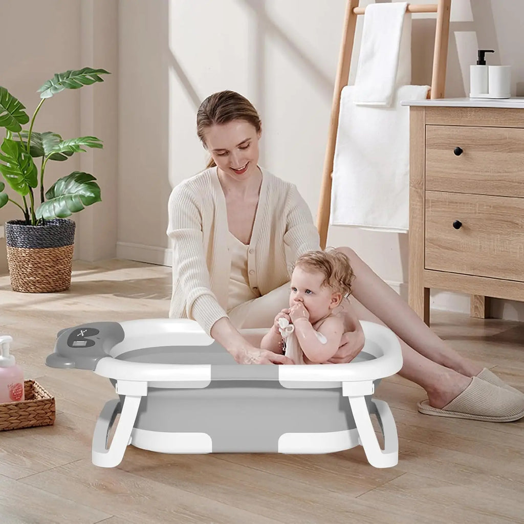 Faltbare Babybadewanne mit Badesitz, Thermometer, Duschkappe & Bürste – Für Neugeborene & Kleinkinder (0–36 Monate)