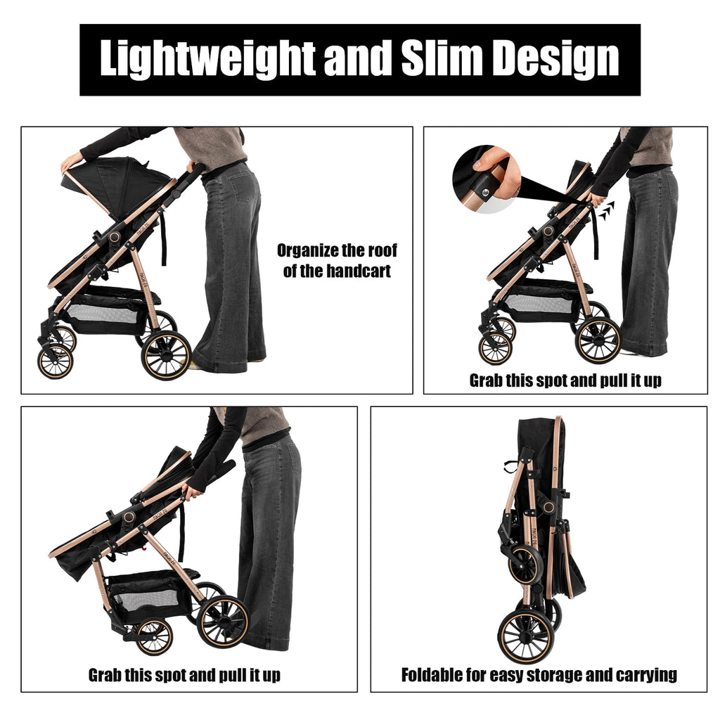 3-in-1 Kinderwagen, Sportwagen mit verstellbarem Schiebebügel, umkehrbarem Sitz und leichtem, faltbarem Rahmen