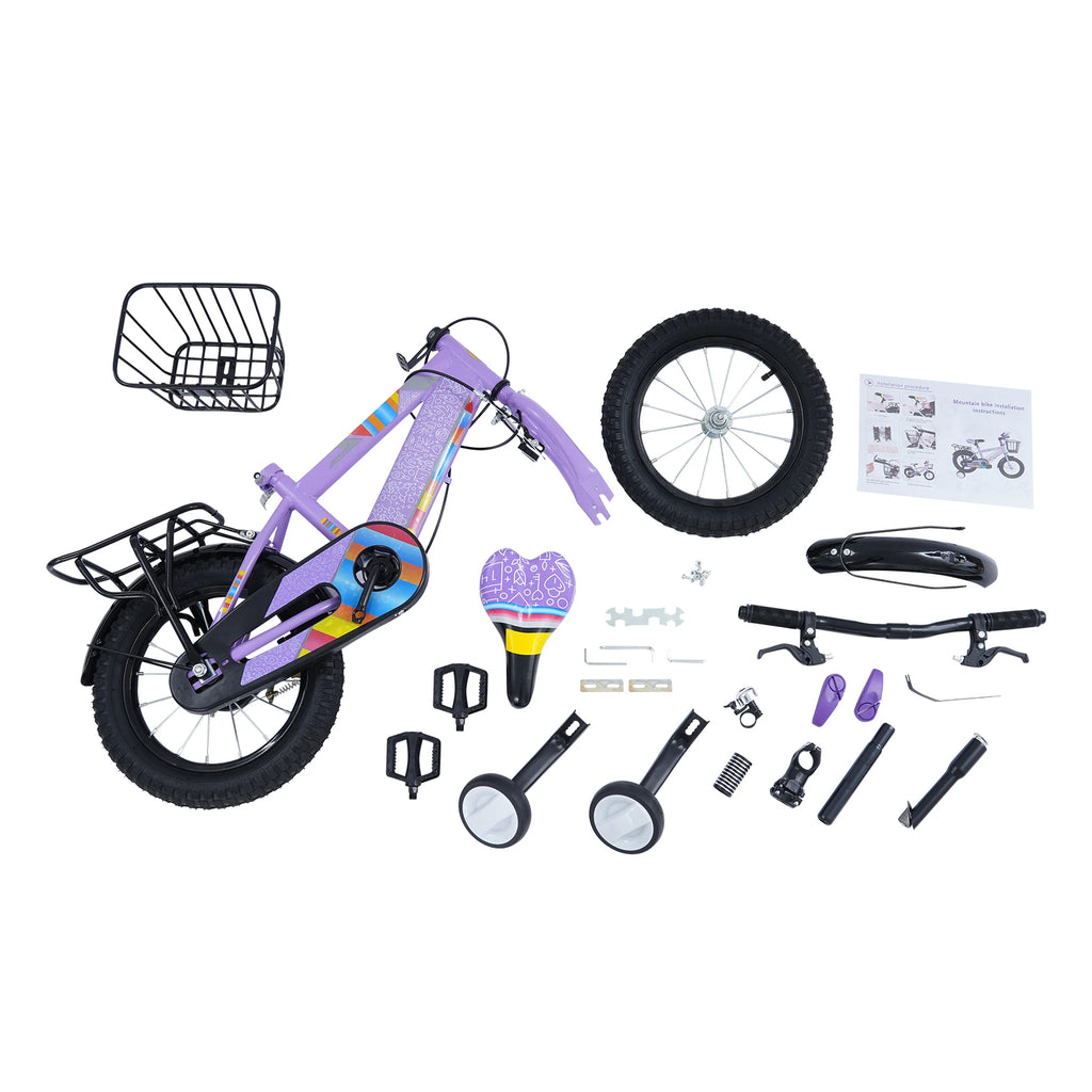 14 Zoll Kinderfahrrad mit verstellbarem Sitz, Stützrädern, Korb & Rücksitz, bis 50 kg belastbar, für Kinder 3–5 Jahre