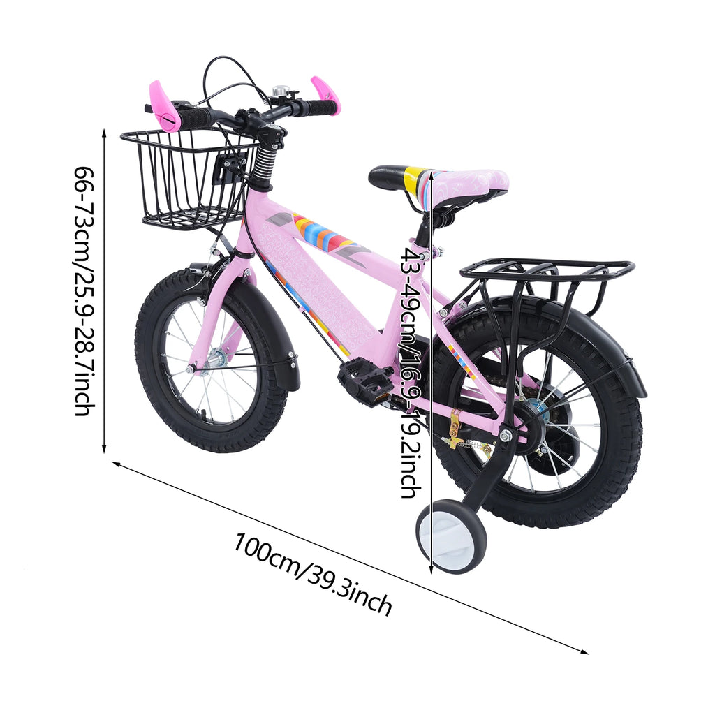 14 Zoll Kinderfahrrad mit verstellbarem Sitz, Stützrädern, Korb & Rücksitz, bis 50 kg belastbar, für Kinder 3–5 Jahre