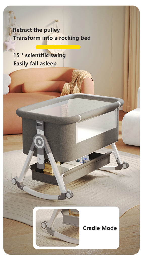 5-in-1 Babybett – Tragbares, faltbares Babybett mit verstellbarer Höhe, geräuschlosen Rollen, Wiegefunktion und Moskitonetz für Neugeborene.