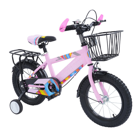 14 Zoll Kinderfahrrad mit verstellbarem Sitz, Stützrädern, Korb & Rücksitz, bis 50 kg belastbar, für Kinder 3–5 Jahre